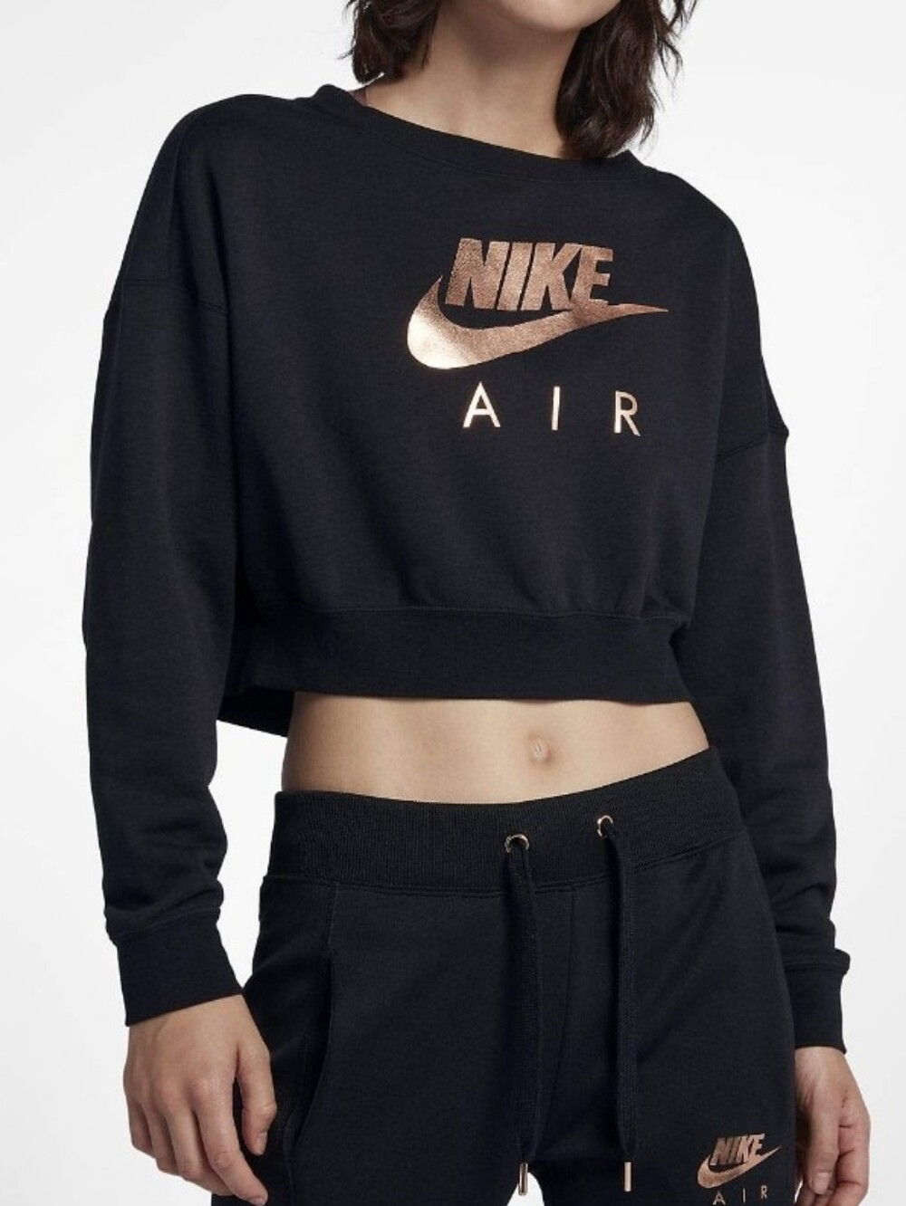 Nike Black Cropped Crew Sweatshirt with Rose Gold Logo Zipper Back Small